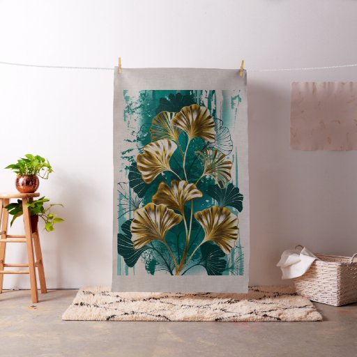 Branch with Golden Leaves Ginko Biloba Fabric