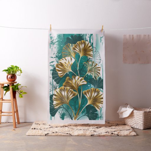 Branch with Golden Leaves Ginko Biloba Fabric