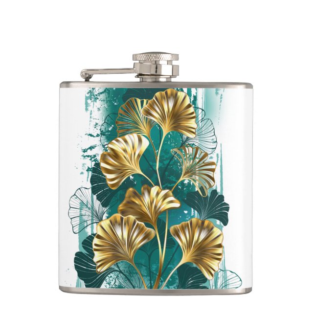 Branch with Golden Leaves Ginko Biloba Flask (Front)