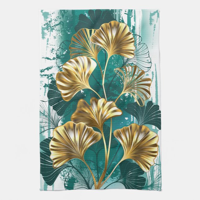 Branch with Golden Leaves Ginko Biloba Kitchen Towel (Vertical)