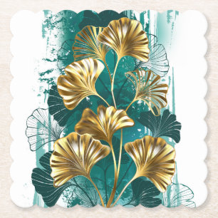 Branch with Golden Leaves Ginko Biloba Paper Coaster
