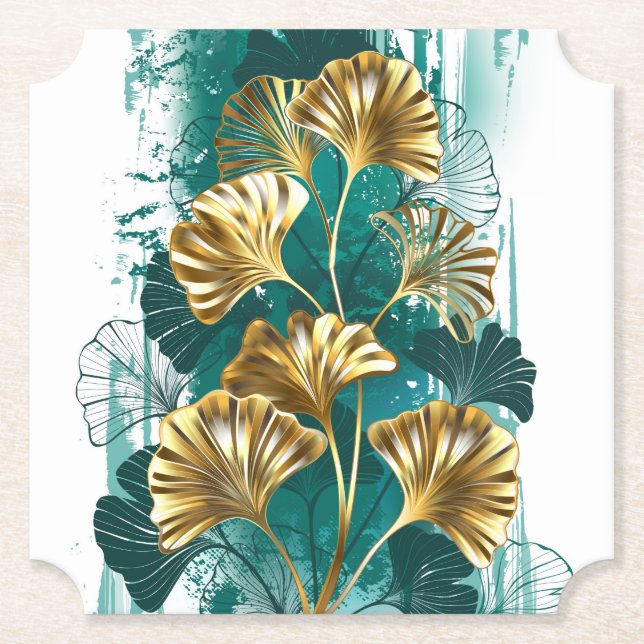 Branch with Golden Leaves Ginko Biloba Paper Coaster (Front)