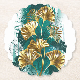 Branch with Golden Leaves Ginko Biloba Paper Coaster
