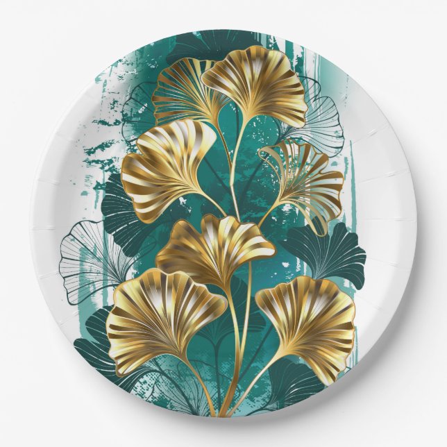 Branch with Golden Leaves Ginko Biloba Paper Plates (Front)