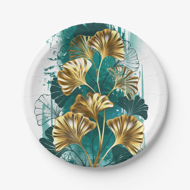 Branch with Golden Leaves Ginko Biloba Paper Plates (Front)
