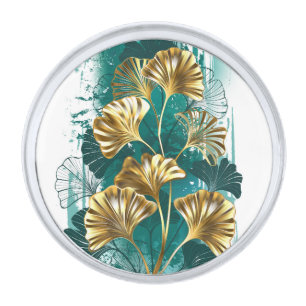 Branch with Golden Leaves Ginko Biloba Silver Finish Lapel Pin
