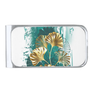 Branch with Golden Leaves Ginko Biloba Silver Finish Money Clip