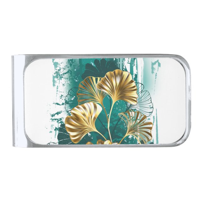 Branch with Golden Leaves Ginko Biloba Silver Finish Money Clip (Front)