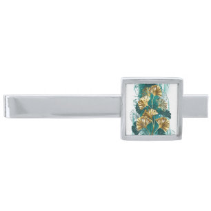 Branch with Golden Leaves Ginko Biloba Silver Finish Tie Bar
