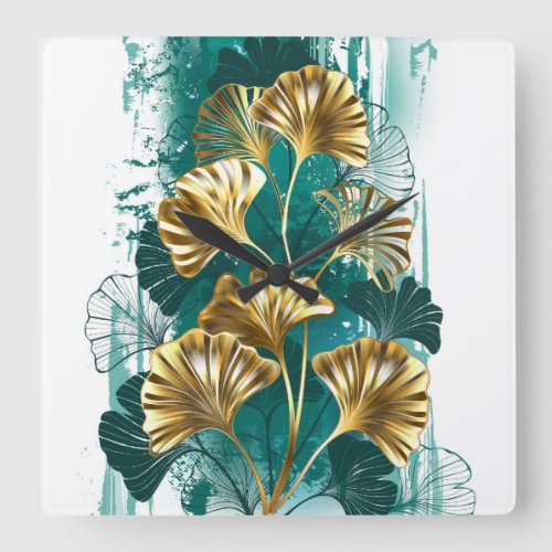 Branch with Golden Leaves Ginko Biloba Square Wall Clock