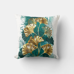 Branch with Golden Leaves Ginko Biloba Throw Pillow
