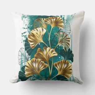 Branch with Golden Leaves Ginko Biloba Throw Pillow