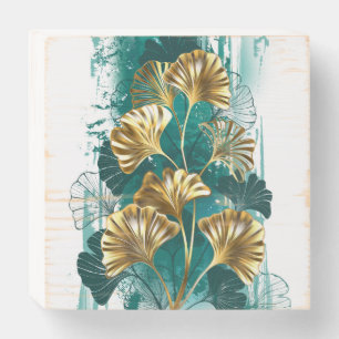 Branch with Golden Leaves Ginko Biloba Wooden Box Sign