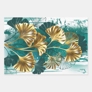 Branch with Golden Leaves Ginko Biloba Wrapping Paper Sheets