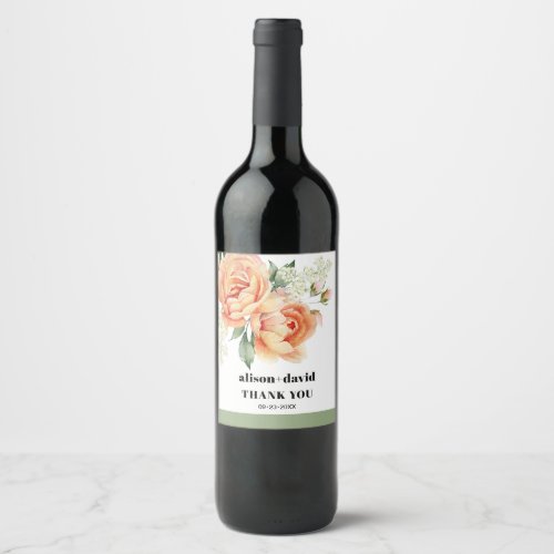 Branch with peach rose bold typography wedding wine label