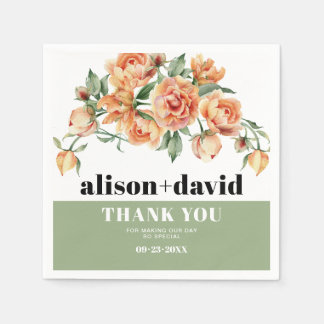 Branch with peach rose flowers and leaves wedding napkins