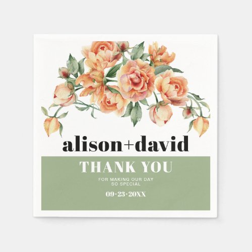 Branch with peach rose flowers and leaves wedding napkins