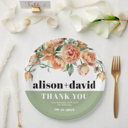 Branch with peach rose flowers floral wedding paper plates