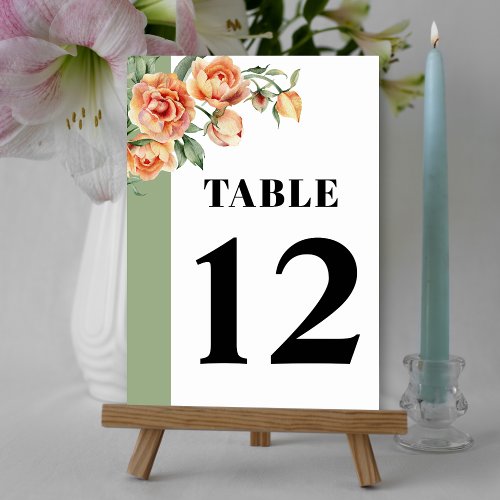 Branch with peach rose flowers floral wedding table number