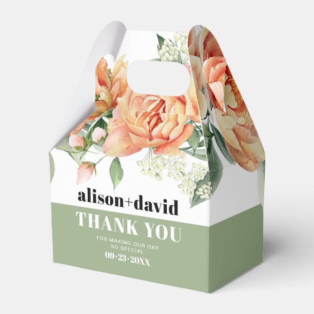 Branch with peach rose flowers typography wedding favor boxes (Front Side)