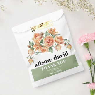 Branch with peach roses and leaves floral wedding favor bag