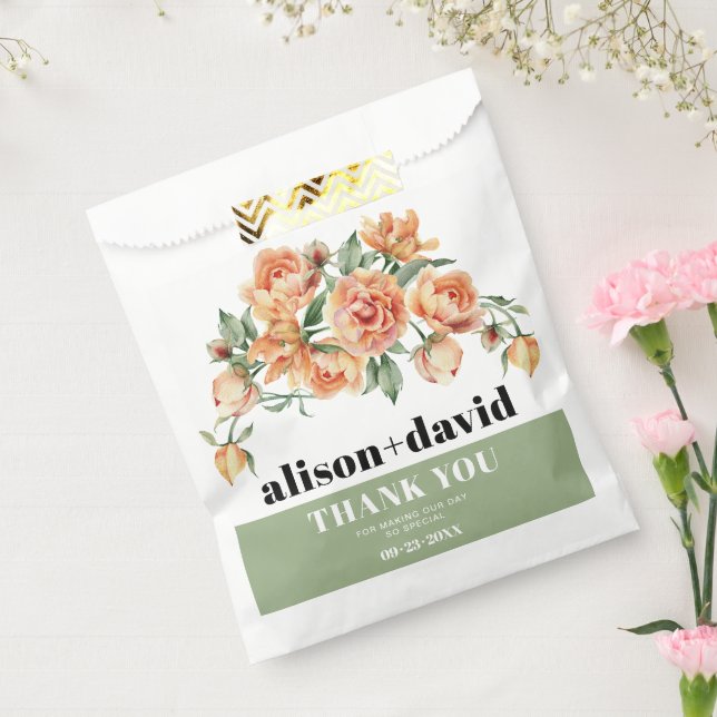 Branch with peach roses and leaves floral wedding favor bag (Sealed)