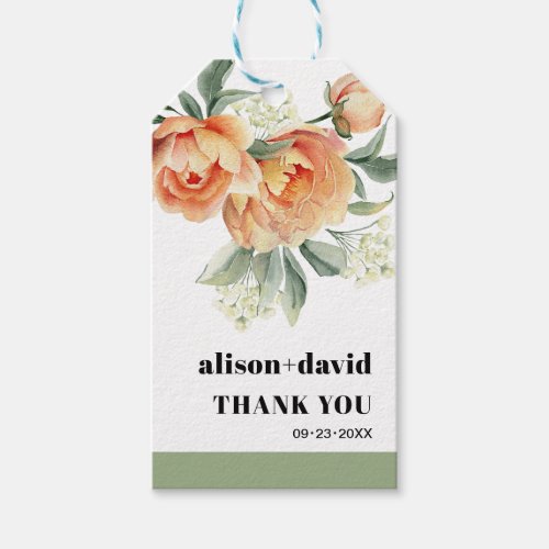 Branch with peach roses and typography wedding gift tags