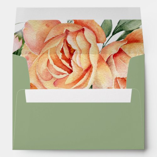 Branch with peach roses floral wedding envelope