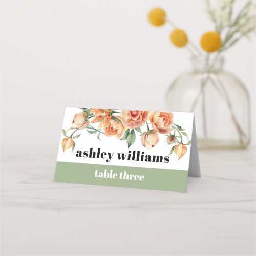 Branch with peach roses sage green floral wedding place card