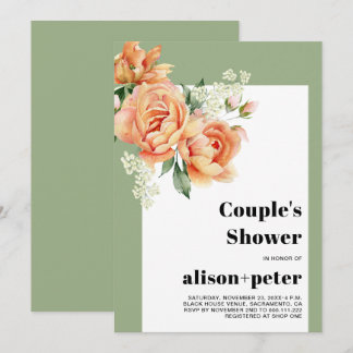 Branch with peach roses weddding couple's shower invitation