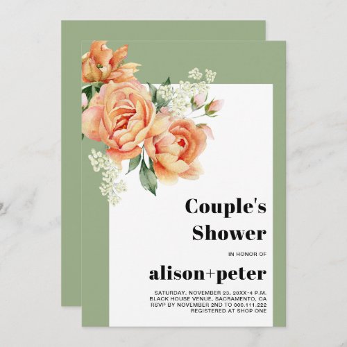 Branch with peach roses weddding couples shower invitation