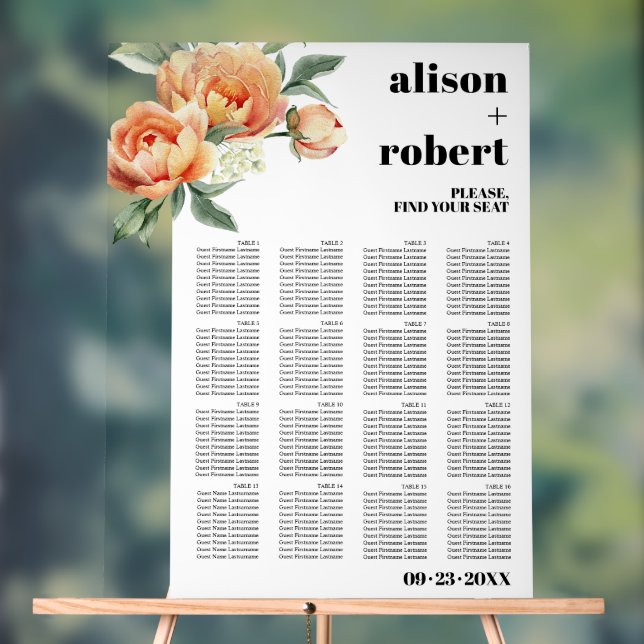 Branch with peach roses wedding seating chart (Neutral)