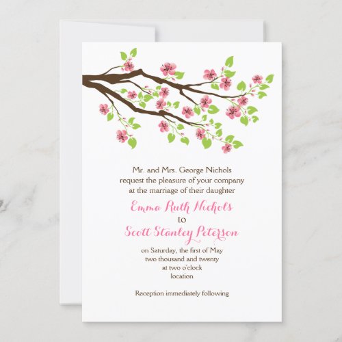 Branch with pink cherry blossoms spring wedding invitation