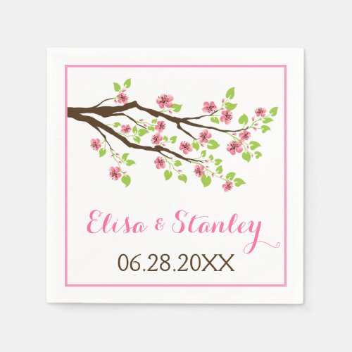 Branch with pink cherry blossoms spring wedding napkins