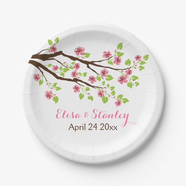 Branch with pink cherry blossoms spring wedding paper plates (Front)