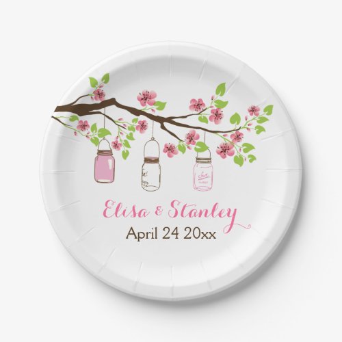 Branch with pink cherry blossoms spring wedding paper plates