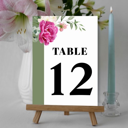 Branch with pink rose and white flowers wedding table number