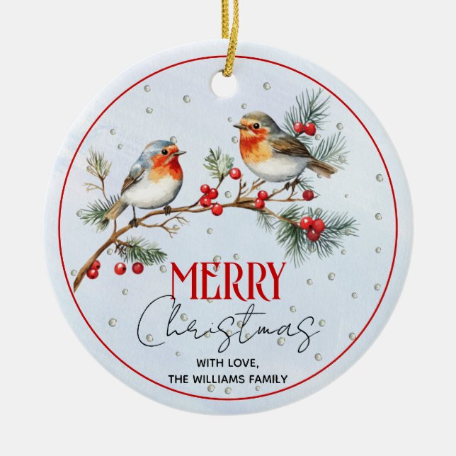 Branch with robin birds, berries Christmas photo Ceramic Ornament (Front)