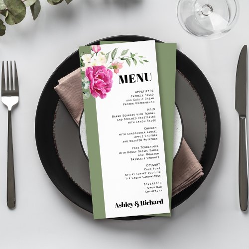 Branch with rose flowers sage wedding menu card