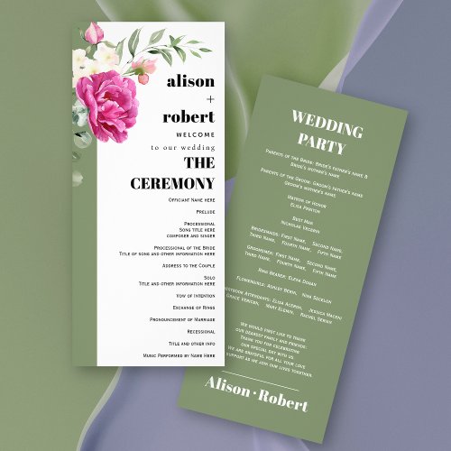 Branch with rose flowers sage wedding program