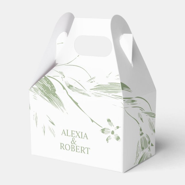 Branch with sage green and white flowers wedding favor boxes (Front Side)