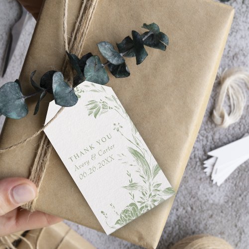 Branch with sage green and white flowers wedding gift tags