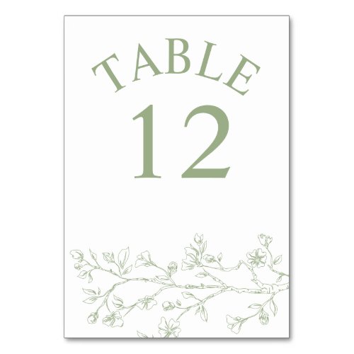 Branch with sage green blossoms monochrome wedding table number