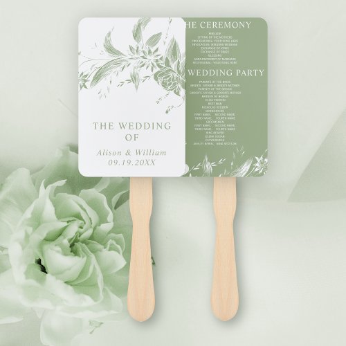 Branch with sage green flowers wedding program hand fan