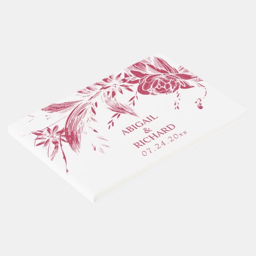 Branch with viva magenta and white flowers wedding guest book