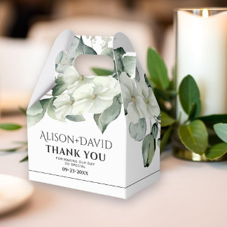 Branch with white flowers black typography wedding favor boxes