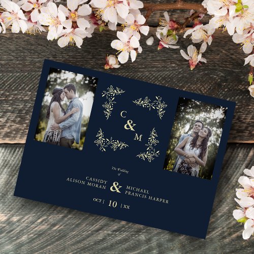 Branches 2 Photos Navy Chic Trendy Collage Wedding Invitation