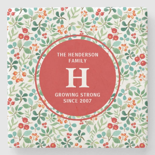 Branches and Berries Christmas Monogram Coaster (Front)