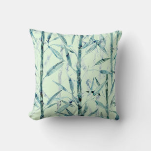Branches bamboo, white, green, leaves, bamboo throw pillow