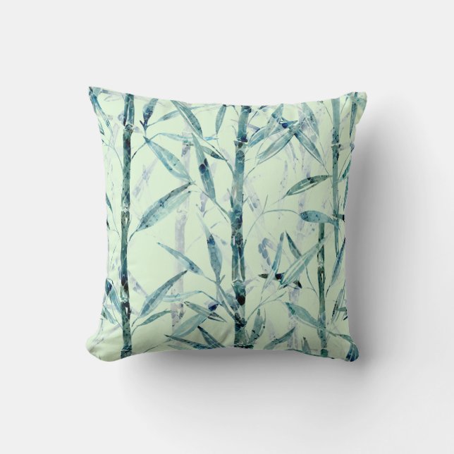 Branches bamboo, white, green, leaves, bamboo throw pillow (Front)